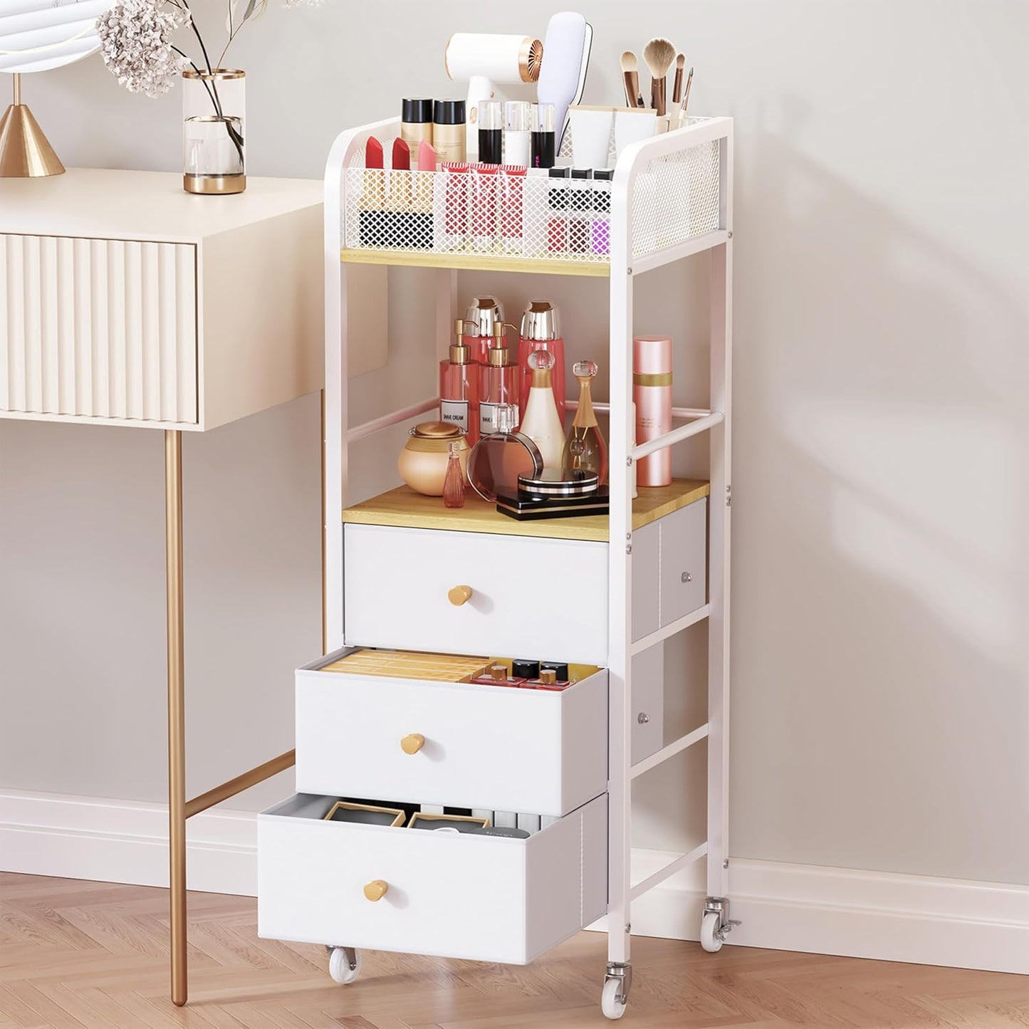 Rolling Makeup Cart Organizer - Skincare & Cosmetic Storage with 3 Fabric Drawers | Vanity Display Case for Beauty Tools