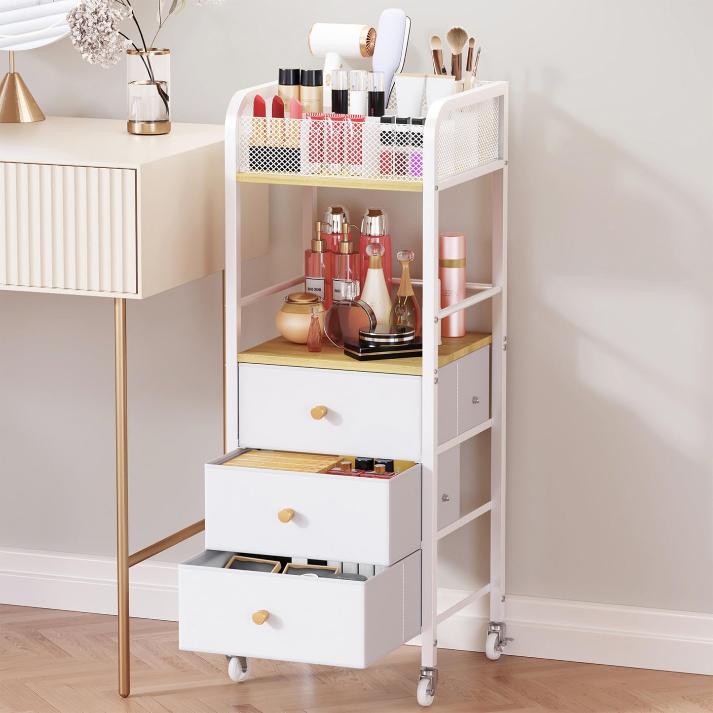 HapiRm Rolling Makeup Cart Organizer - Floor Skincare Make Up Storage with 3 Non-woven Fabric Drawers, Vanity Organizer Cosmetic Display Cases Holder for Skin Care Perfume Nail Polish Brush Hair Tool