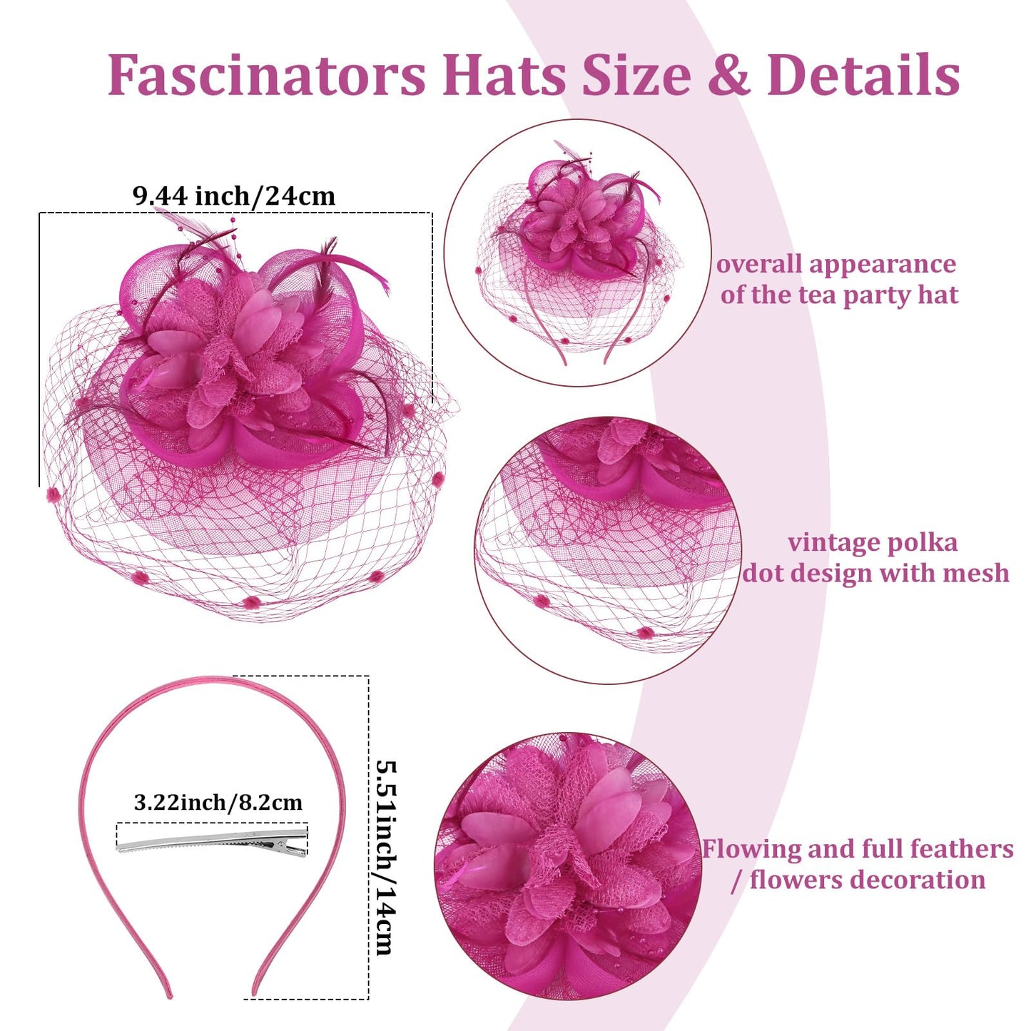 Semato Fascinators Hats for Women Mesh Feathers ElegantHot Pink Tea Party Kentucky Hat Derby Headband with Hair Clip