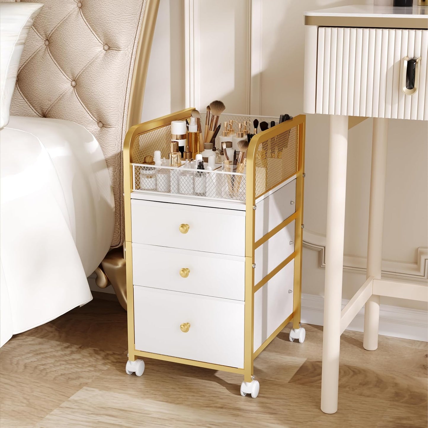 Rolling Makeup Organizer Cart - 3 Drawer Vanity Storage with Gold Finish | Under Desk Cosmetic Display for Nail Polish & Brushes
