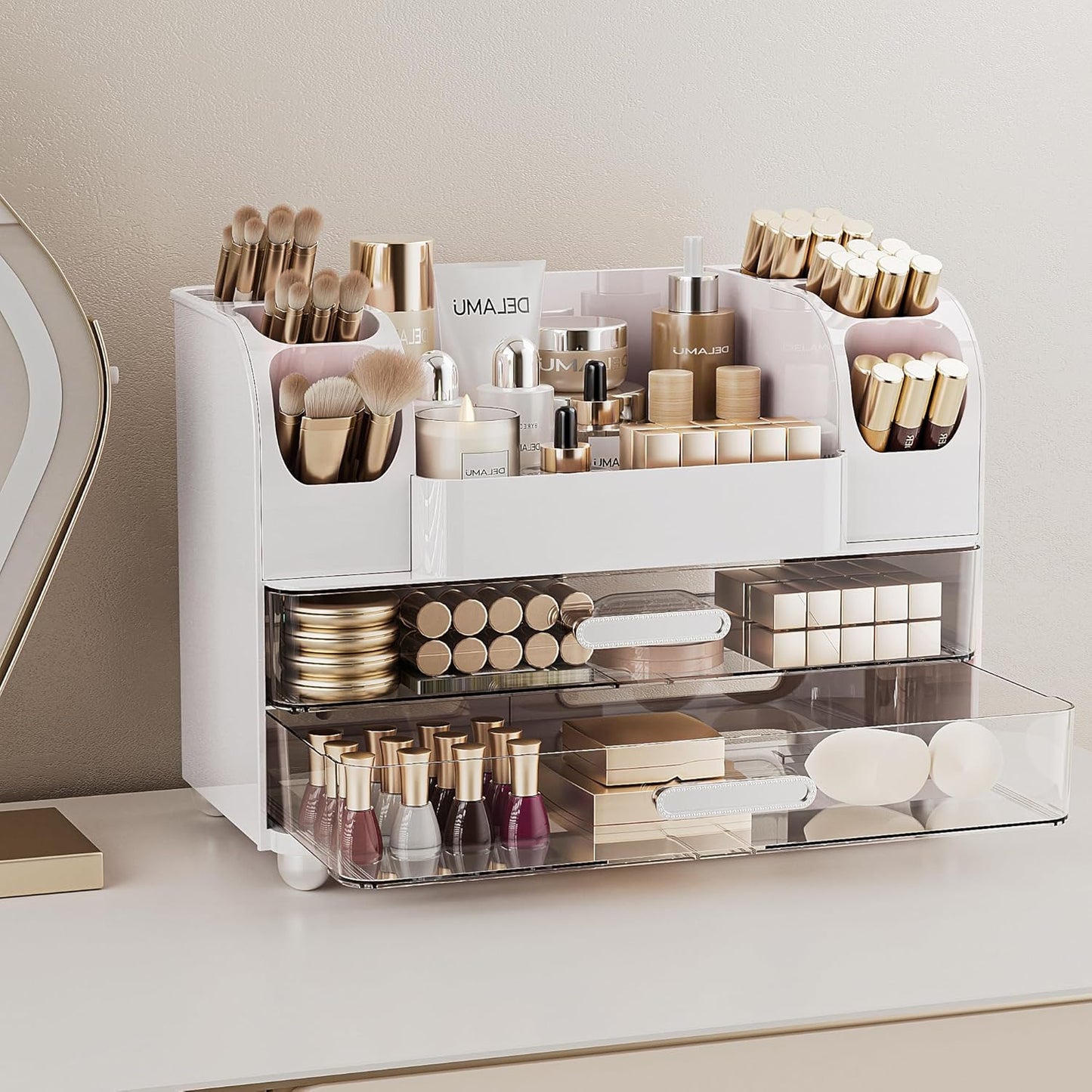 Large Makeup Organizer - 6 Brush Holders & 2 Drawers | White Vanity Storage for Skincare, Lipsticks, and More