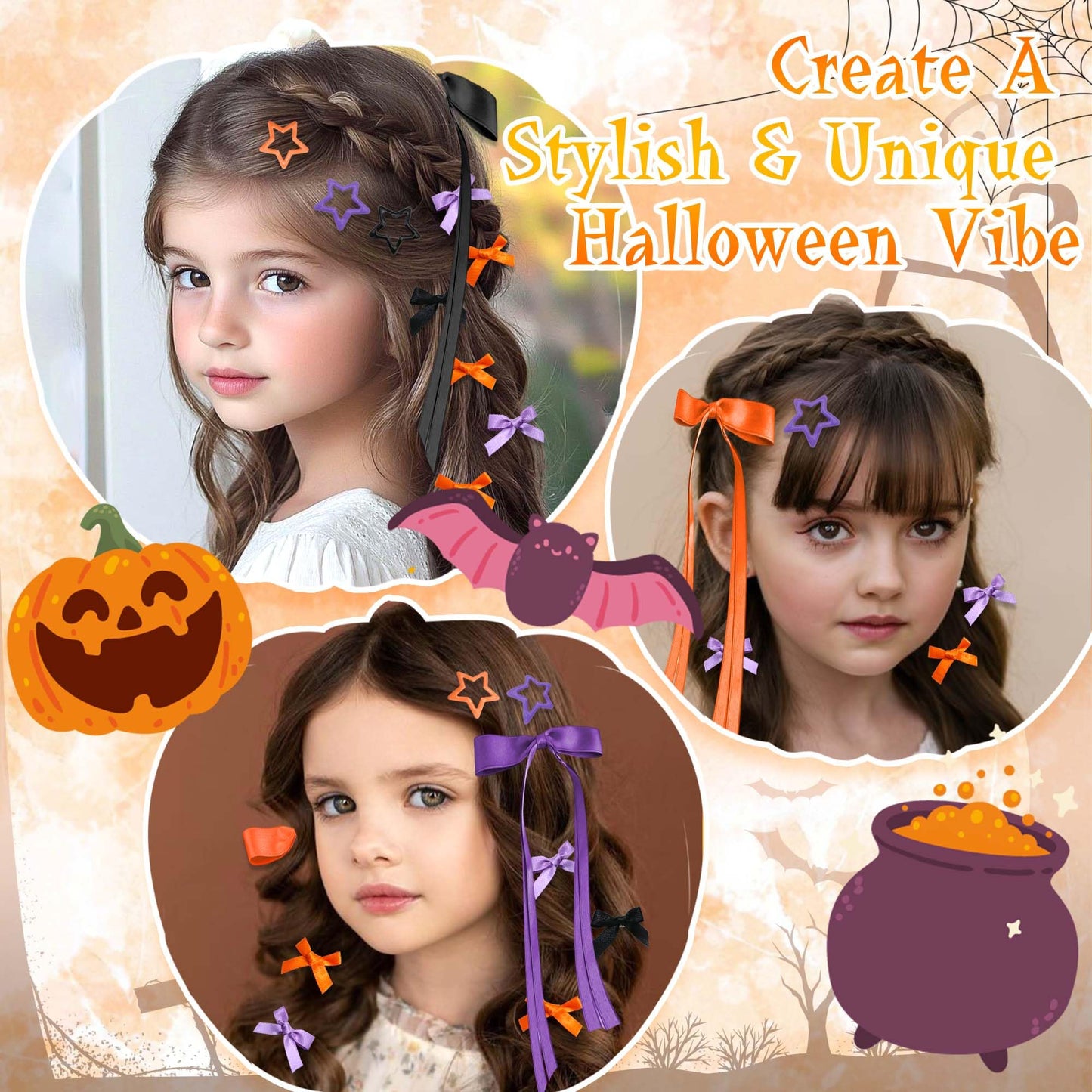 STGDAK 24 Pcs Halloween Hair Bows Ribbon Long Tailed Y2k Star Hair Clips Cute Girls Bows Black Purple Orange Bow Barrettes Mini Star Clip Gothic Halloween Hair Accessories For Girls Women Teens Party