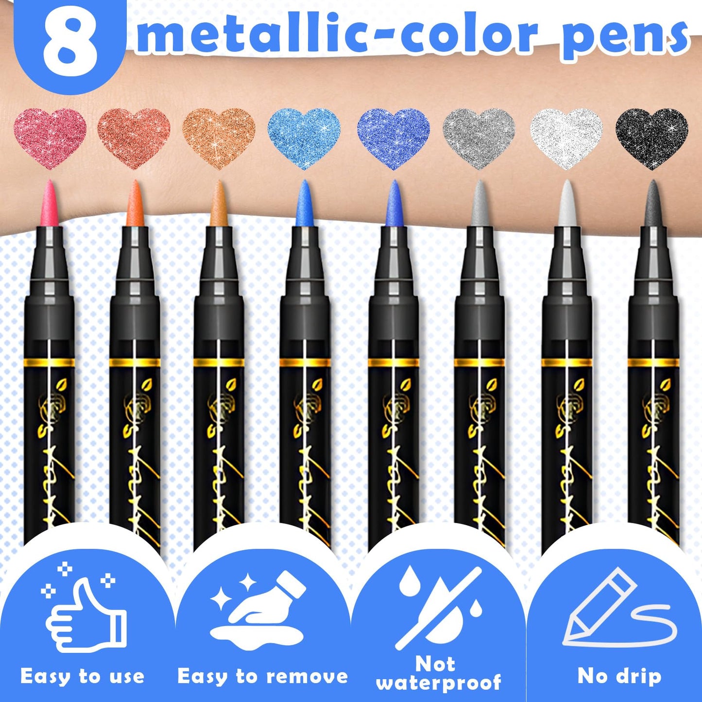 Independence Day Temporary Tattoo Marker, 8 Metallic Tattoo Markers with 12 USA 4th of July Tattoo Stencils, Face and Body Paint Tattoo Pens for Independence Day Party Favors Supplies