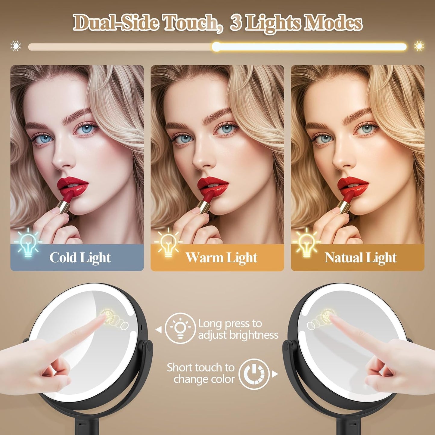 Makeup Mirror with Lights - Double-Sided 1x/20x Magnifying, Rechargeable, 3 Color Options | 360° Rotation, Black