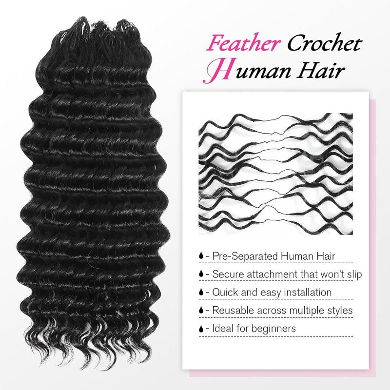 Feather Crochet Human Hair for Black Women - 100 Strands Deep Wave Boho Braids | Pre-Looped, Soft & Reusable