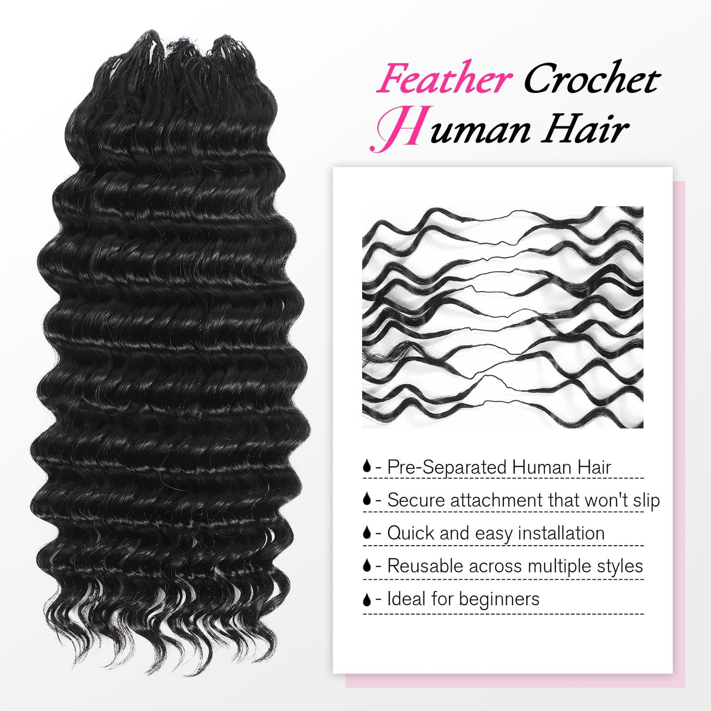 Urbeauty Feather Crochet Human Hair for Black Women, 100% Real Human Hair, 100Strands Deep Wave for Boho Braids, Miracle Knots, Pre-Looped, Knotless & Invisible, Soft, Reusable, Beginner-Friendly