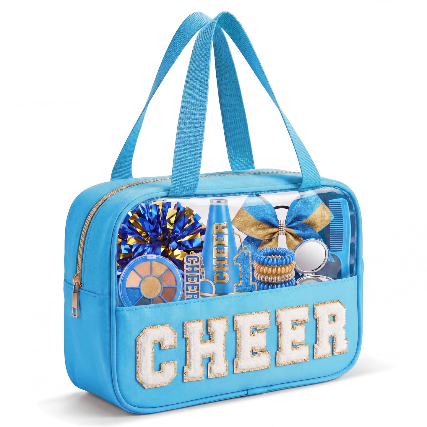 KYTACCU Cheer Makeup Bag Cheerleader Gifts Cheer Chenille Letter Cosmetic Bag Cheerleading Competition Accessories Clear Travel Toiletry Pouch for Girls Women-Sky Blue