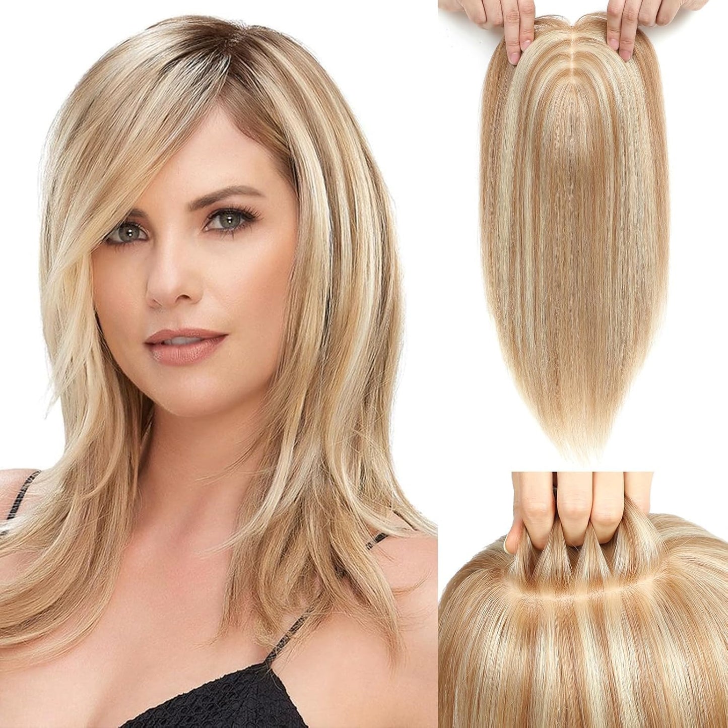 Aimeolyn Hair Toppers for Women - 16-Inch Real Human Hair | 8x8 Inch Big Base Coverage