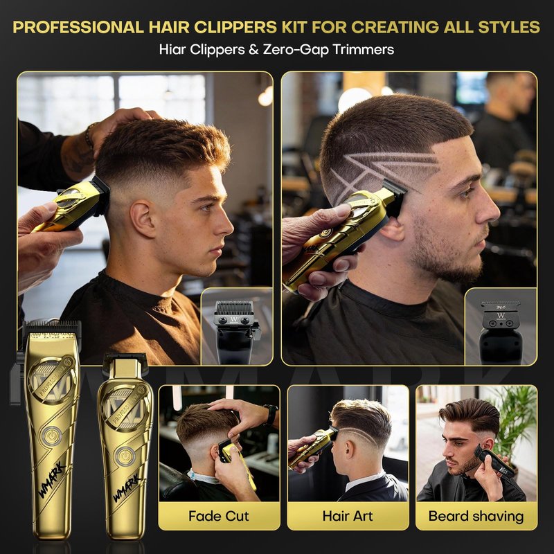 WMARK Hair Clippers for Men Professional Barber Clippers and Trimmers Set Cordless Hair Clippers for Hair Cutting, High Speed, Rechargeable, Powder Metallurgy DLC Ceramic Fade NG-8613 KIT (Gold)