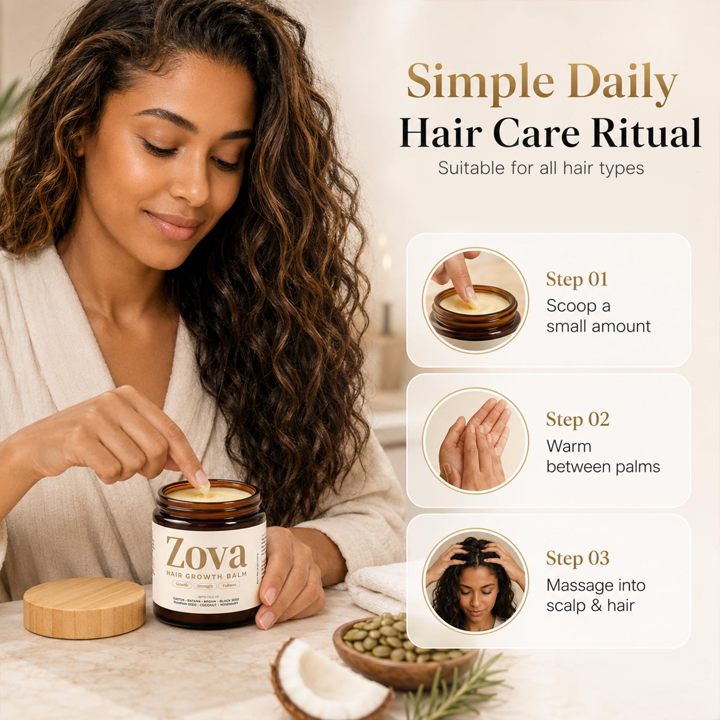 Zova Growth Hair Balm – Batana, Castor, Argan & Rosemary Oil Blend for Thicker, Stronger Hair – Deep Scalp Nourishing Hair Treatment for Men & Women – Natural Hair Repair & Moisturizing Balm 4 oz