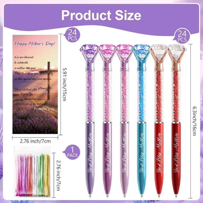 Diamond Ballpoint Pens Set - 24 Bulk Crystal Ink Pens with Bible Cards | Ideal Christian Gifts for Mothers & Sunday School