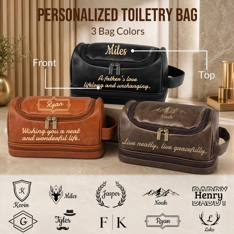 Personalized Toiletry Bag for Men, Custom Toiletry Bag Engraved with Name Text, Mens Leather Travel Shaving Dopp Kit, Personalized Fathers Day Birthday Gifts for Men Dad Husband Grandpa (Style 2)