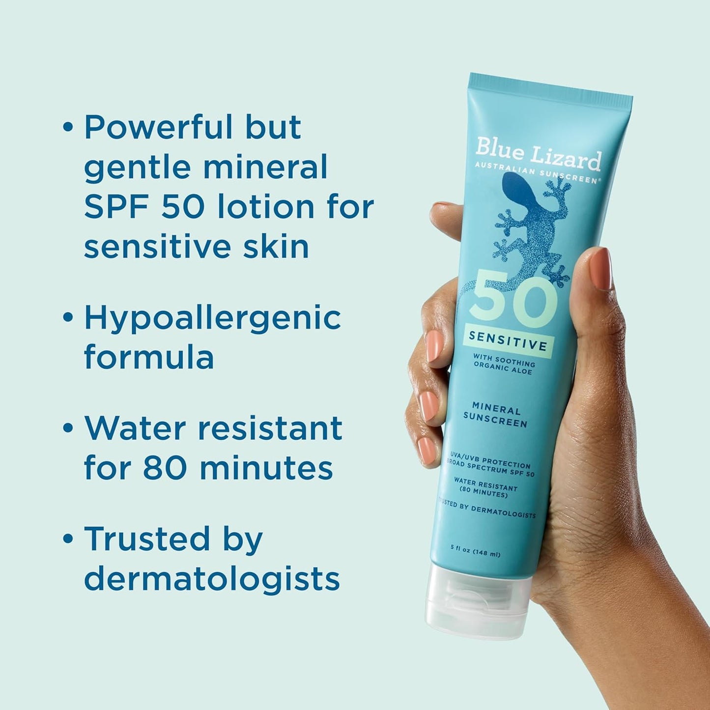 Blue Lizard Sensitive Mineral Sunscreen SPF 50 - 100% Mineral UVA/UVB Protection with Aloe Vera | 5 fl oz