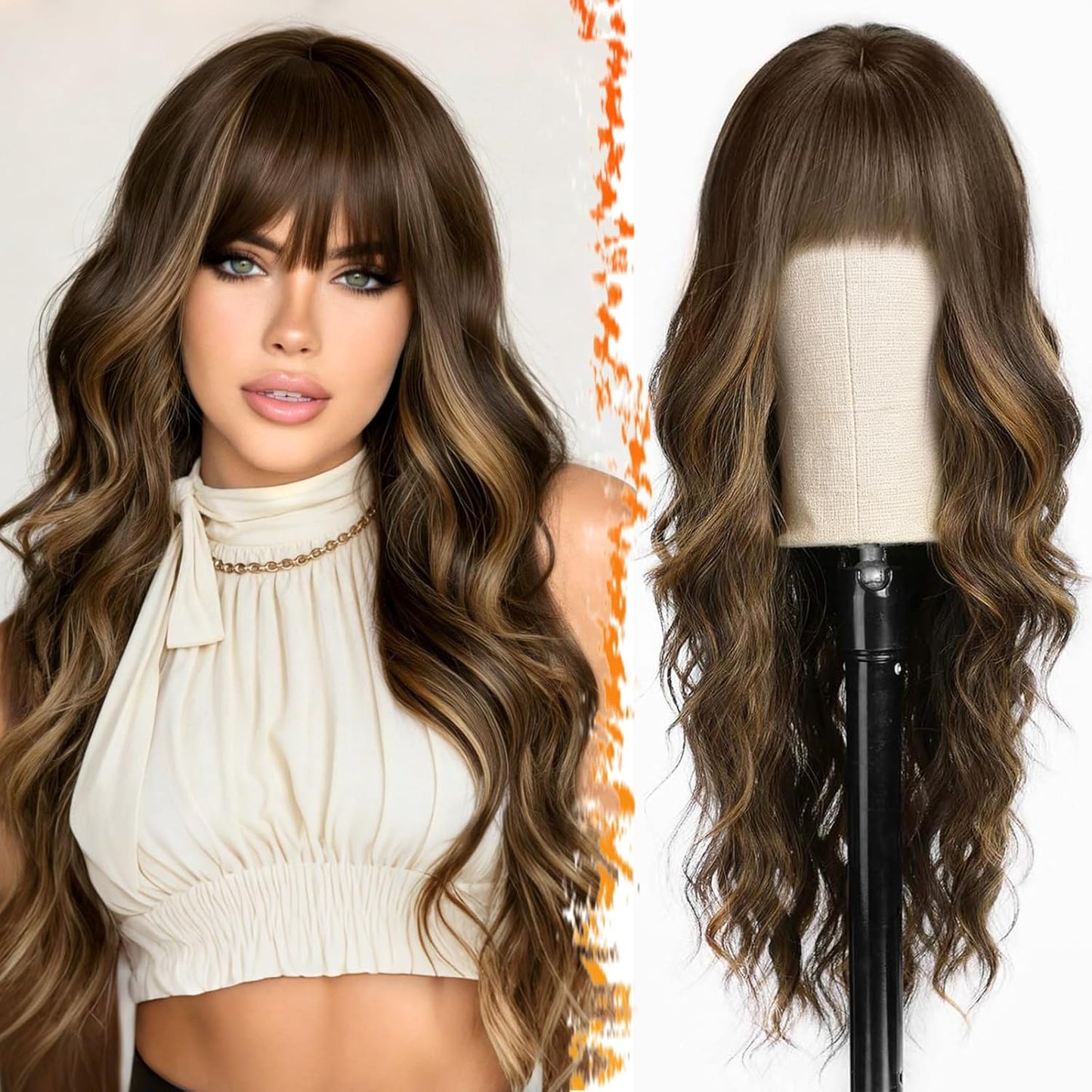 Long Wavy Blonde Curtain Bangs Wig - 26" Synthetic Ombre Wig with Dark Roots | Soft Natural Look