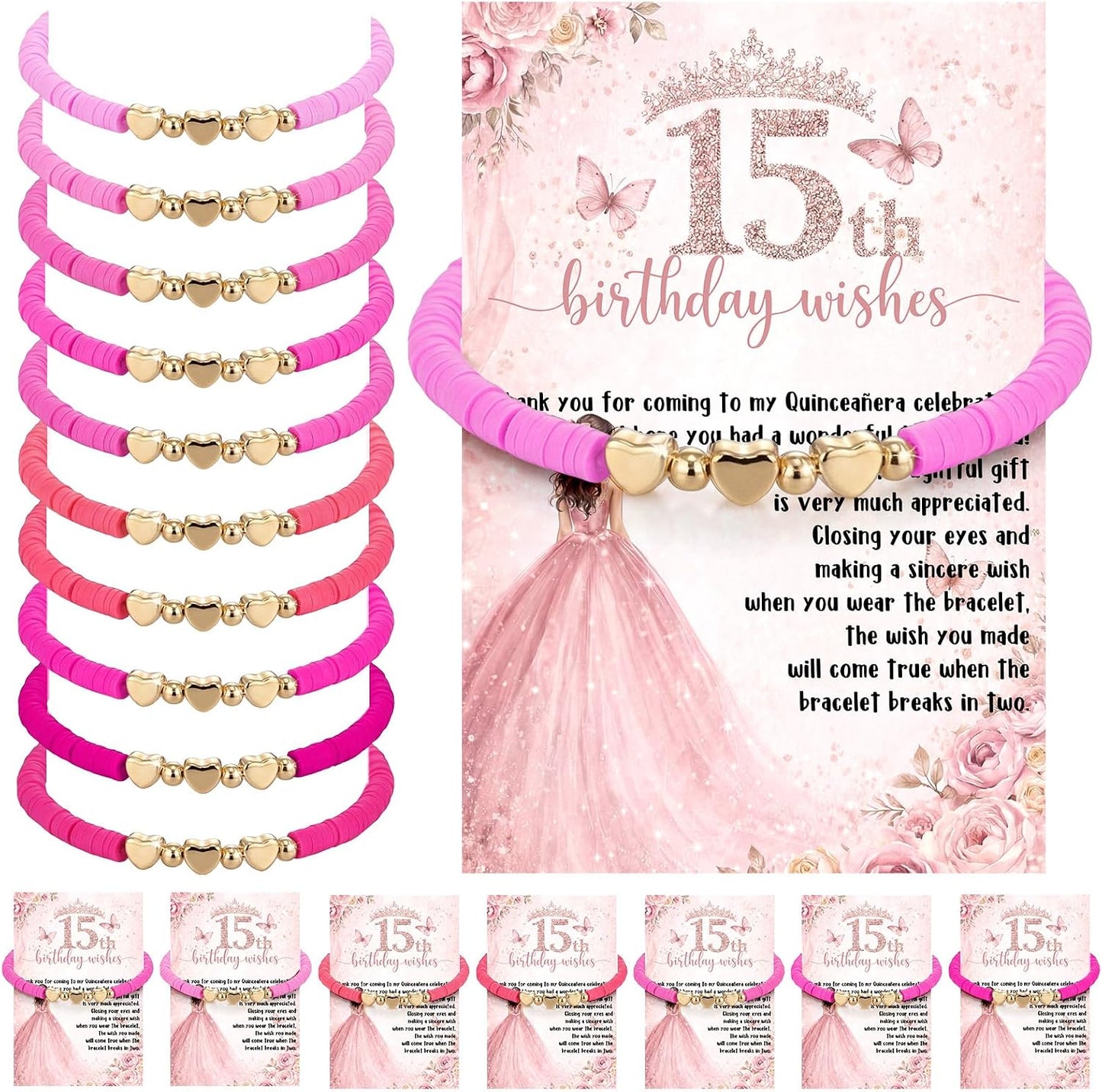 Quinceañera Party Favors - 25 Heart Beaded Bracelets with Thank You Cards | Perfect Birthday Gifts for Guests
