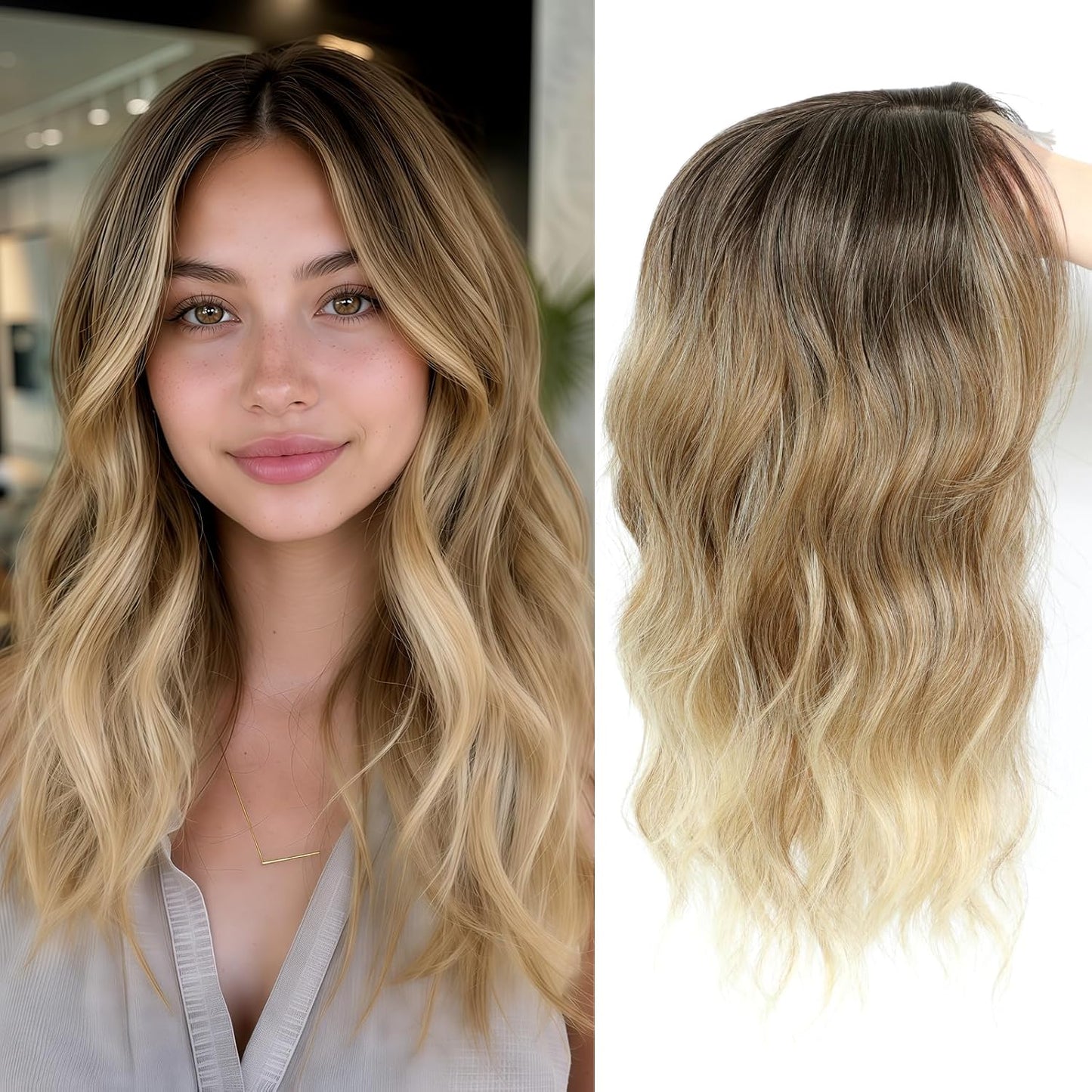 16 Inch Hair Topper for Women - Synthetic Curly Wavy Clip-In with Curtain Bangs | Natural Crown Coverage in Chestnut Brown