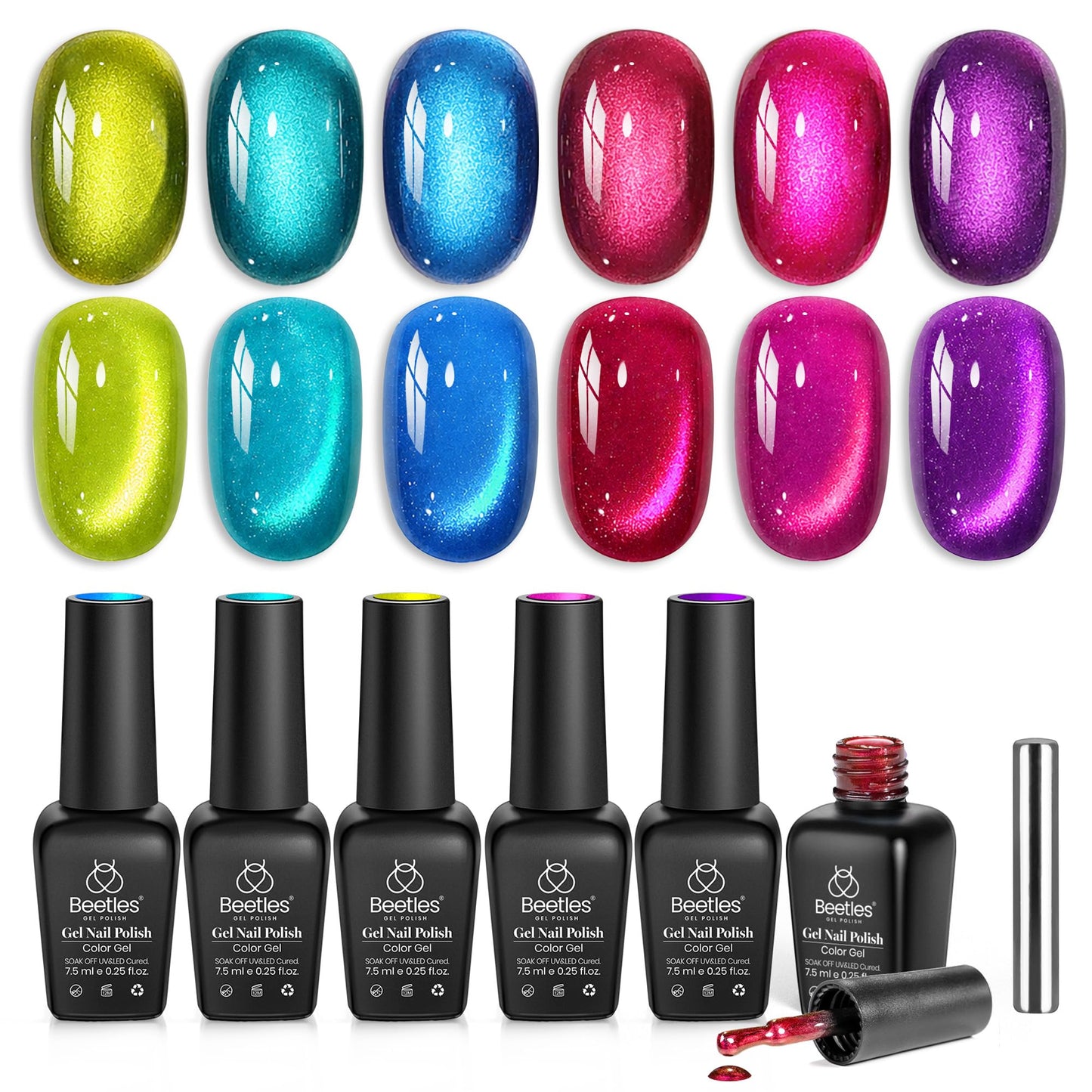 Beetles Neon Cat Eye Gel Nail Polish Set - Fairy Prism 6 Colors Summer Glitter Cat Eye Gel Polish Kit Red Green Blue Pink Purple Magnetic Shine Soak Off UV Salon DIY Manicure Gift for Women