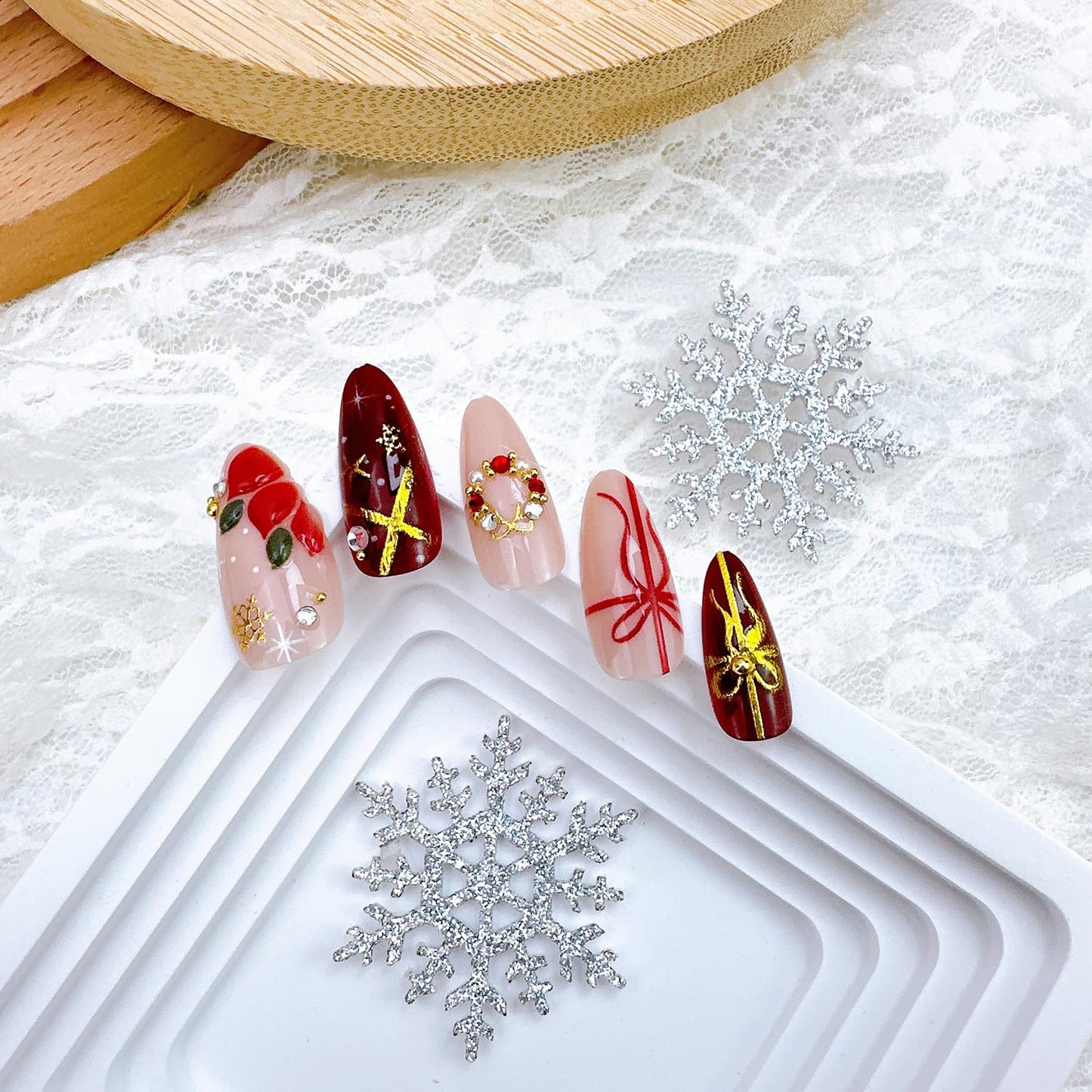 Christmas Press-On Nails - 24Pcs Medium Almond Acrylic with 3D Gold Snowflake & Floral Designs | Winter Red Full Cover