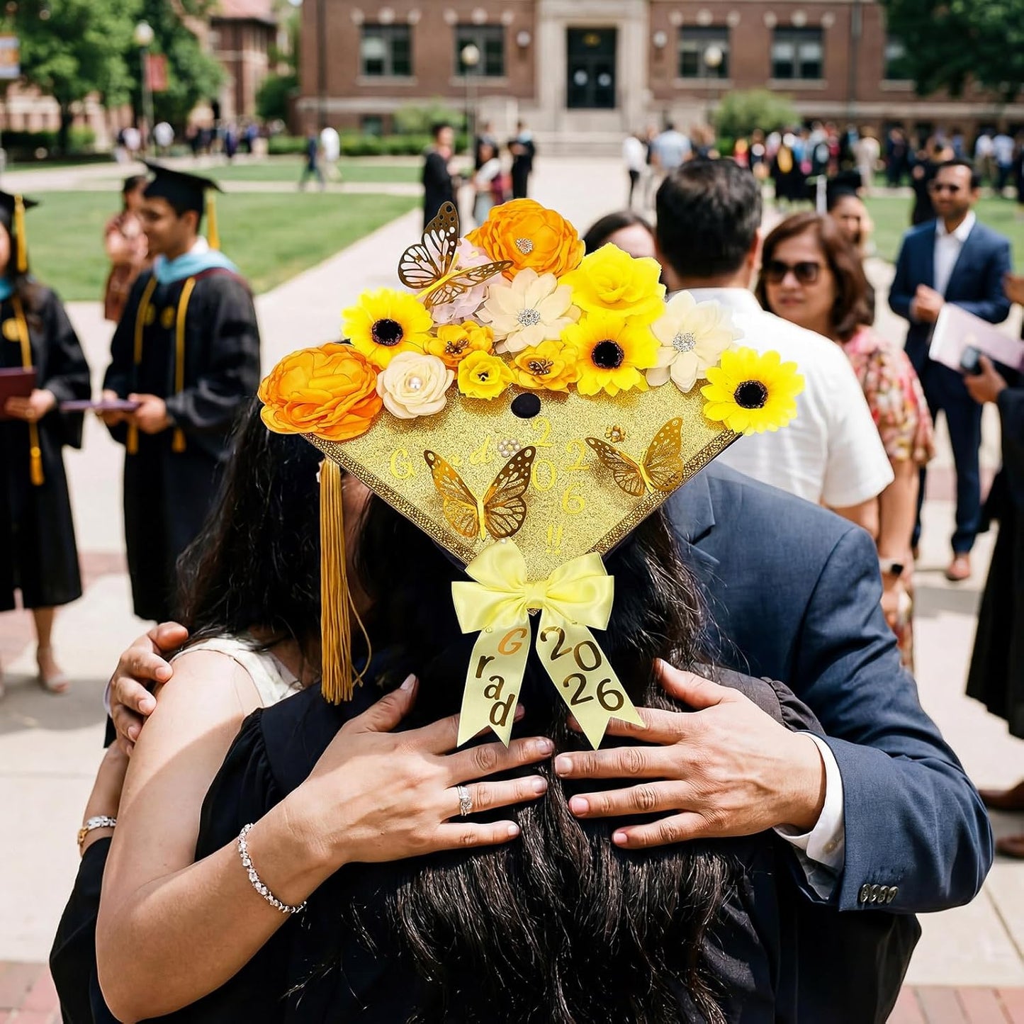 DIY Graduation Cap Decorations Kit - 68 Pcs Faux Flowers, 3D Butterflies, Rhinestones & Alphabet Stickers | Yellow