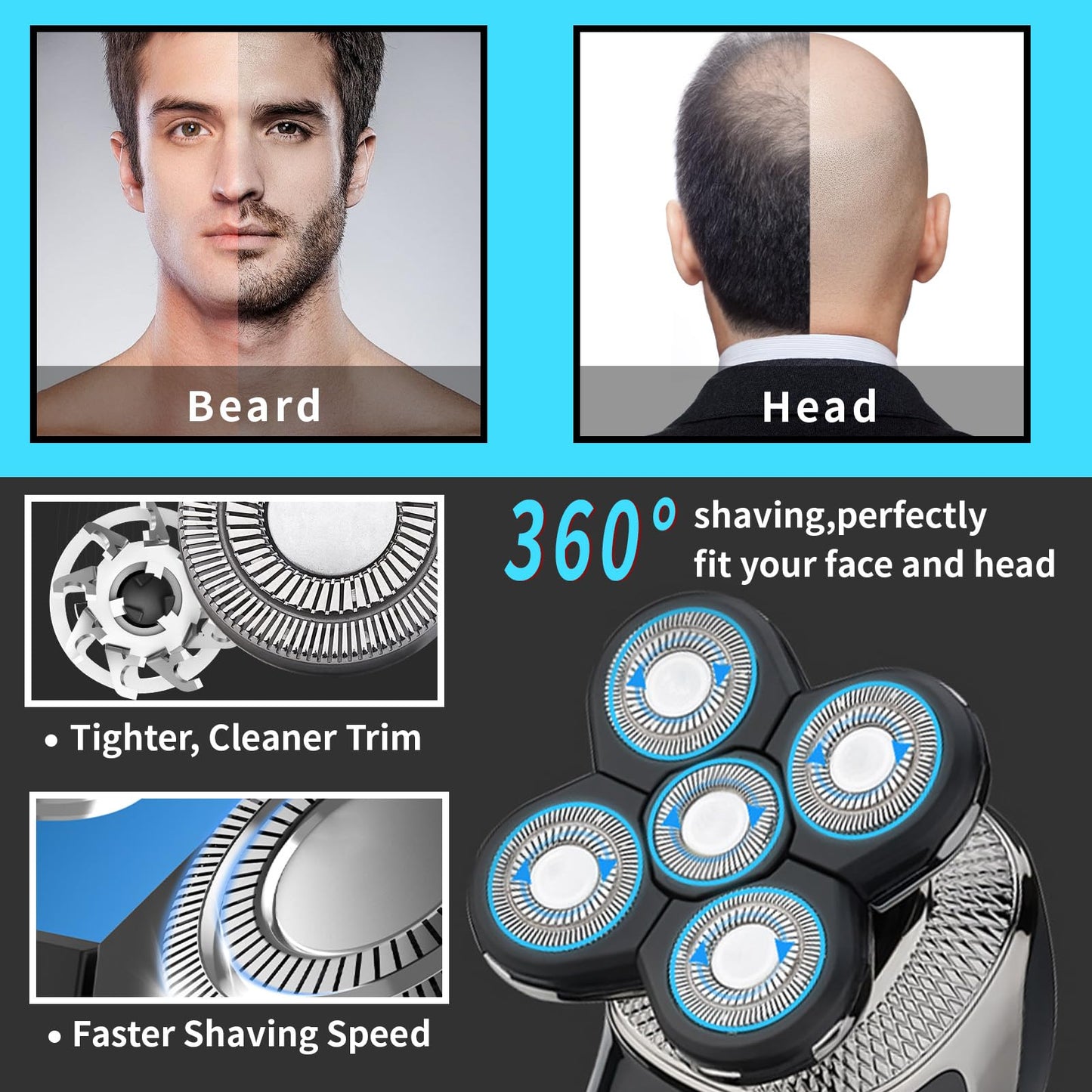 Carreuty 3Pcs 5 Head Shaver Replacement Blades for Freebird Head Shaver, Universal 5 Blades Shaver Replacement Heads for Electric Razor Shaver Head, Bald Men Freedom Grooming Head and Face, Black