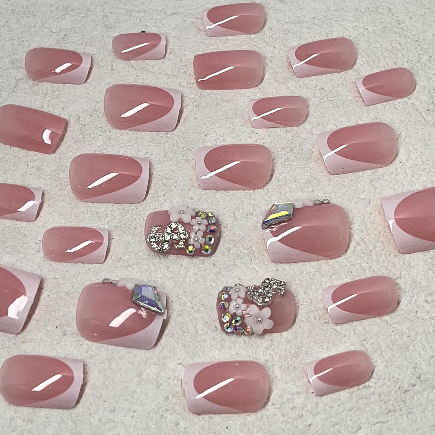 French Tip Press-On Nails - Short Square Design with 3D Flower Charms & Silver Rhinestones | Glossy Nude Pink, 24 Pcs