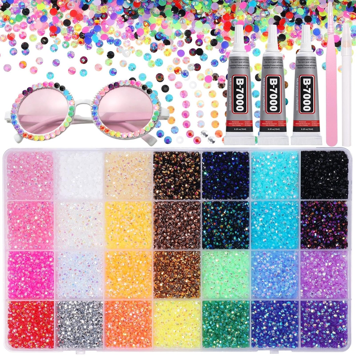 32000 Pcs Rhinestones for Bedazzling Kit with Tools, 3mm Flatback Resin Gems for Crafting, Colorful Resin Rhinestones Bedazzler Kit for Clothing Shoes DIY Tumblers & Face Makeup
