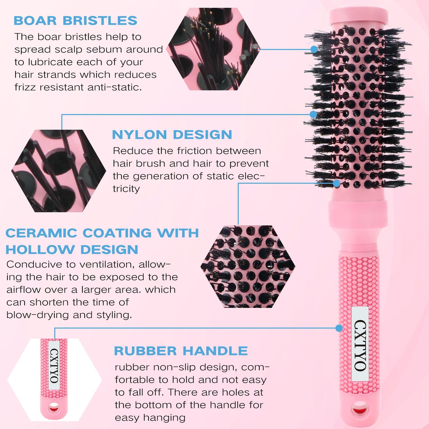 CXTYO Round Brush for Blow Out, Small Round Hair Brush Nano Thermal Ceramic & Ionic Tech,for Short Hair with Quick Blow Drying & Salon Styling(2.4 Inch, Barrel 1.3 Inch)