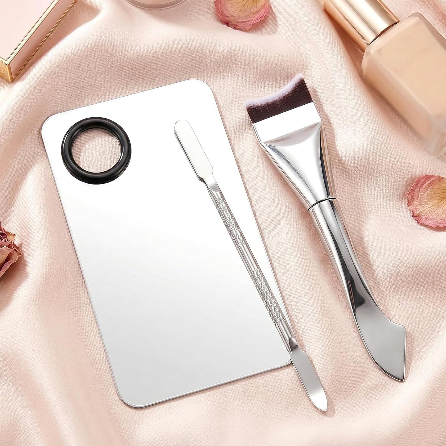 Makeup Spatula Set - 3 Pcs Mixing Palette & Double-Headed Brush | Essential Tools for Flawless Application