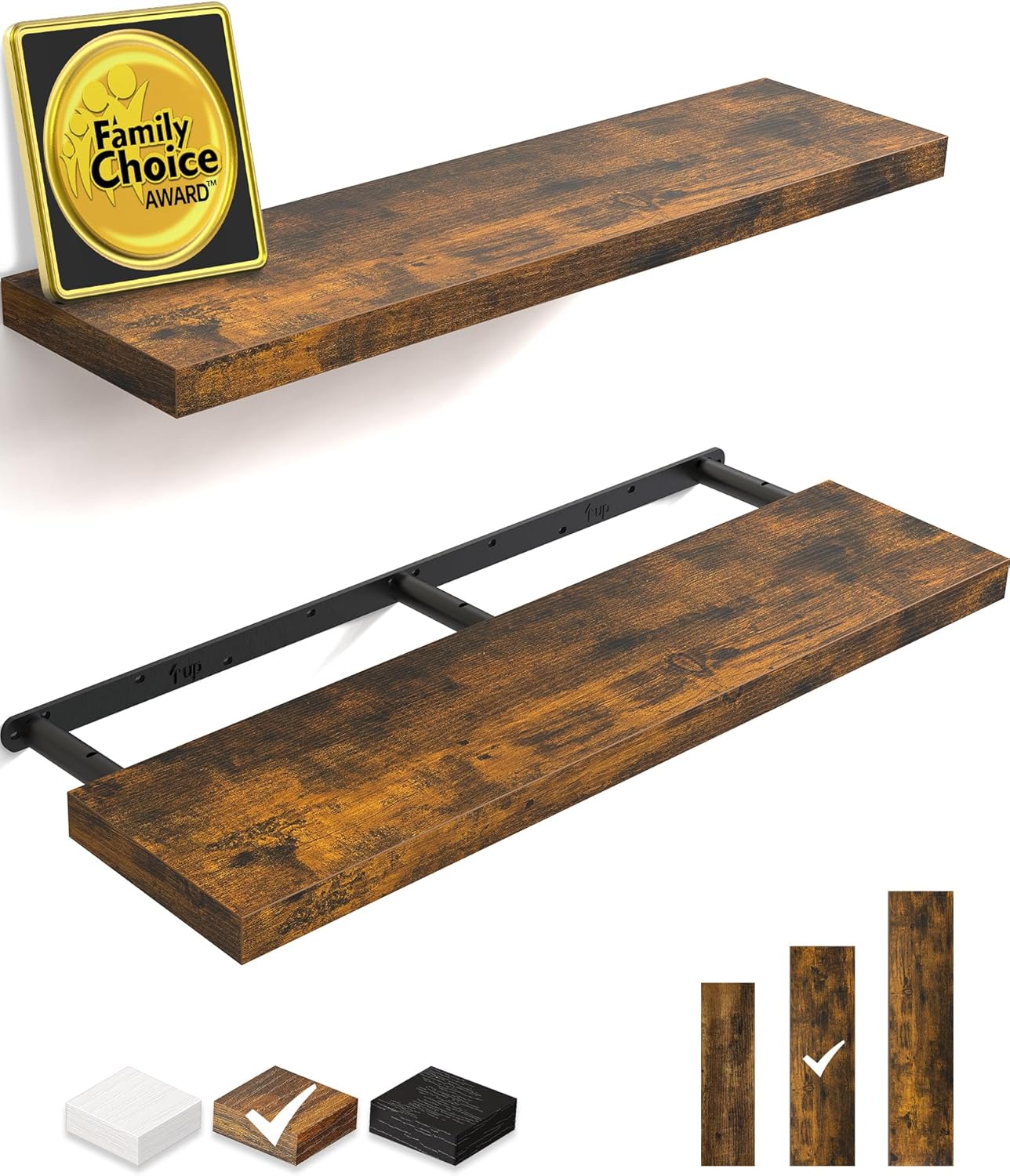Floating Shelves Set of 2 - Rustic Wood Wall Mounted | 22.5 Inches for Bathroom, Bedroom, Living Room, Kitchen - 22lbs Capacity, Rustic Brown