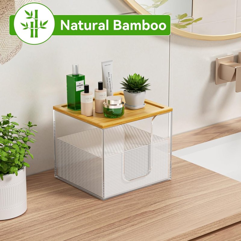 Acrylic Face Towel Holder Box - Large Disposable Towel Storage with Bamboo Lid | Clear Bathroom Organizer