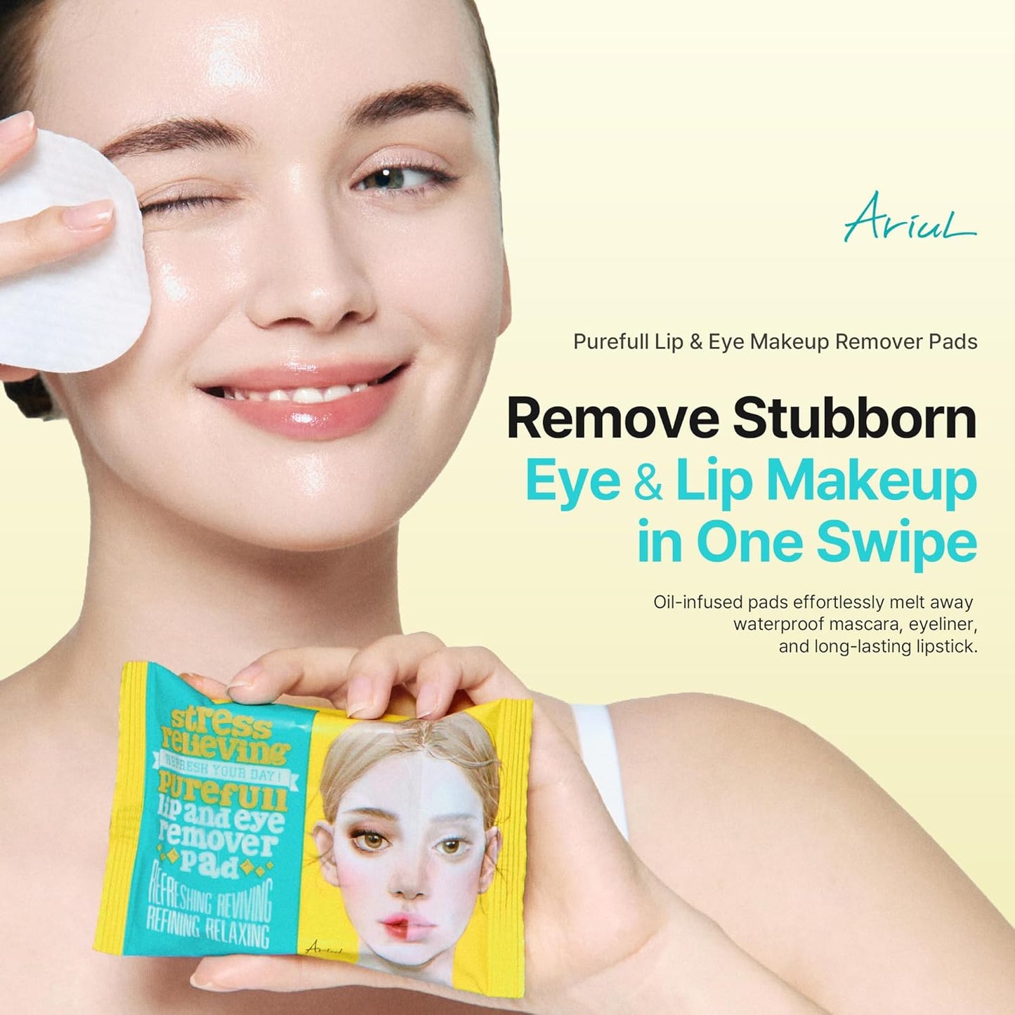 Ariul Purefull Lip & Eye Makeup Remover Pads - Oil-Infused, Gentle Exfoliation | Travel-Friendly Compact (90 Pads)