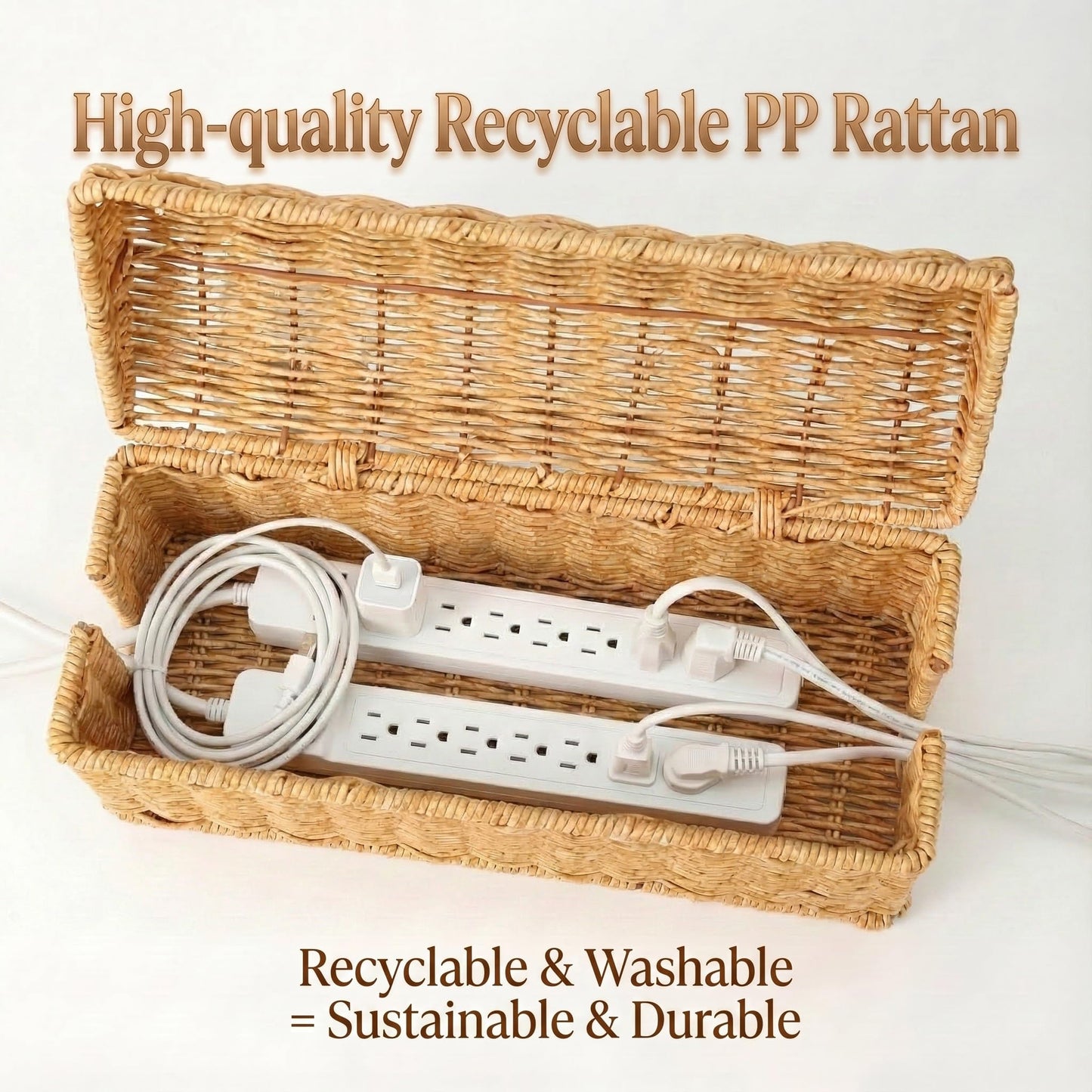 Cable Management Box, Handwoven Rattan Cable Organizer, Cord Organizer Box to Hide Cords & Power Strip, Boho Wire Hider Basket for Home Office, Dome Cover, Natural