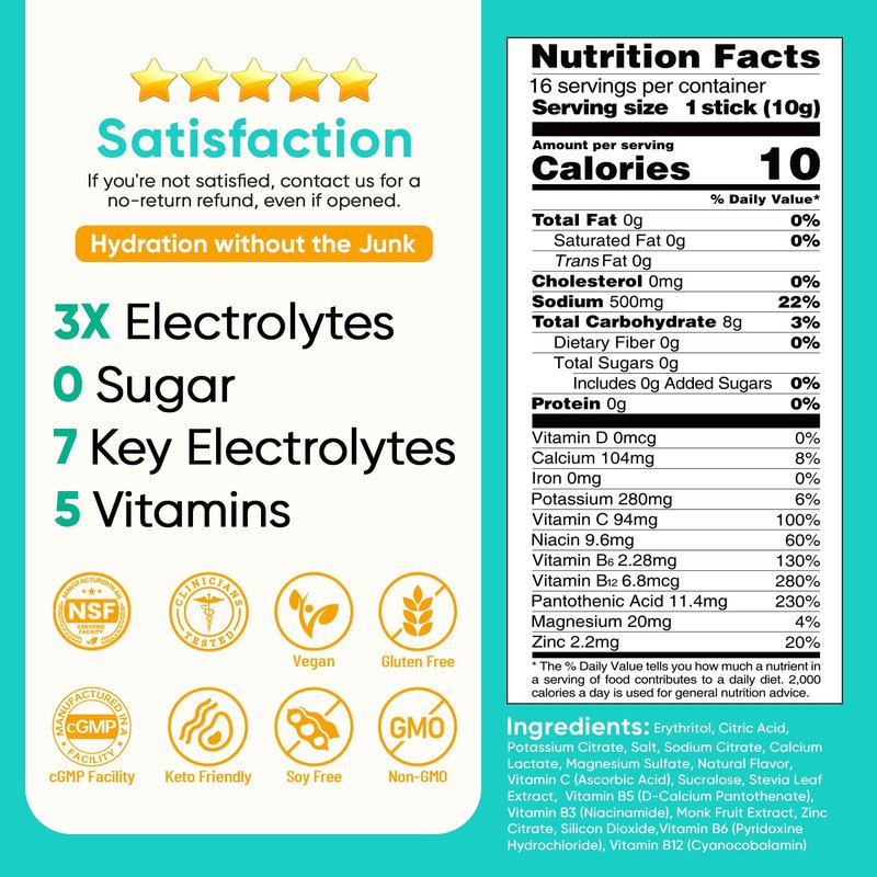 Venture Pal Sugar Free Electrolytes Powder Packets - Liquid Daily IV Hydration Packets | Instantly Hydrating & Party Recovery | 5 Vitamins & 7 Electrolytes | Certified Vegan, Keto, Non-GMO | 16 Sticks