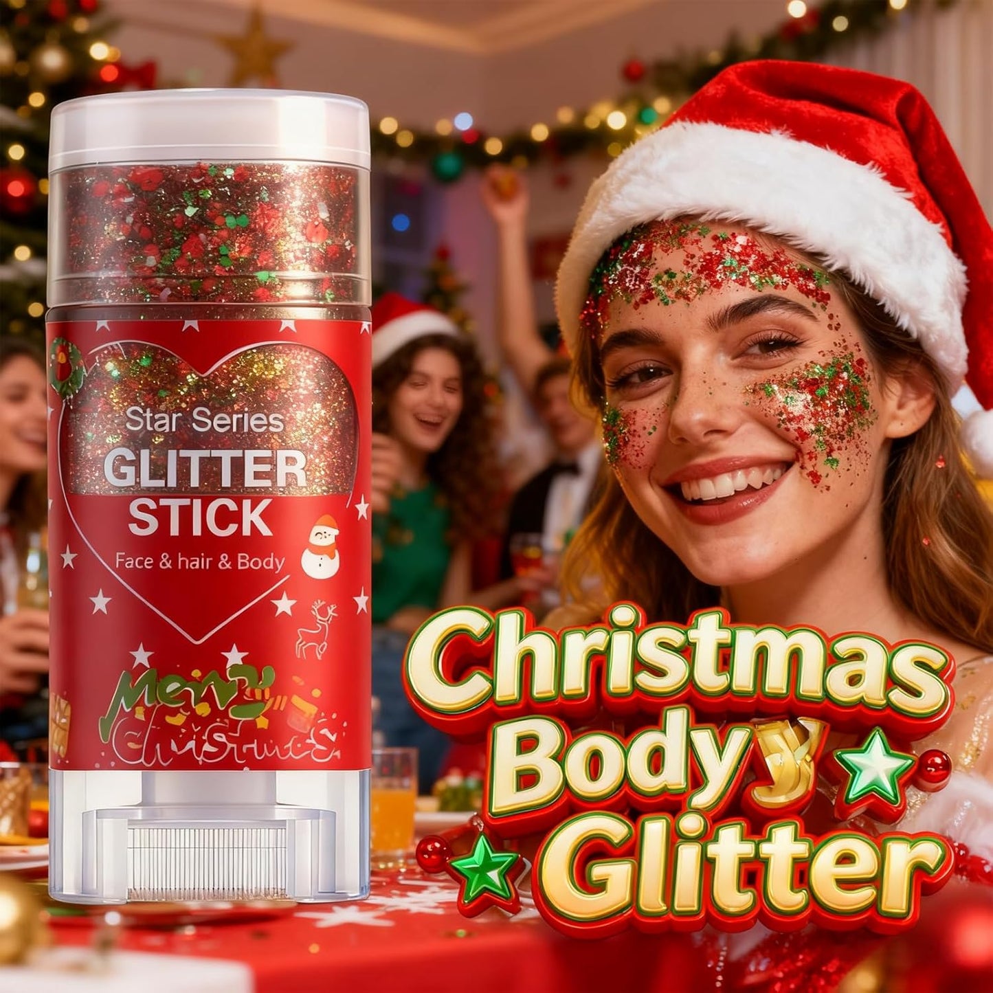 Christmas Body Glitter Stick - Waterproof Face & Hair Glitter for Kids & Adults | Long-Lasting Red Gel for Festivals & Concerts