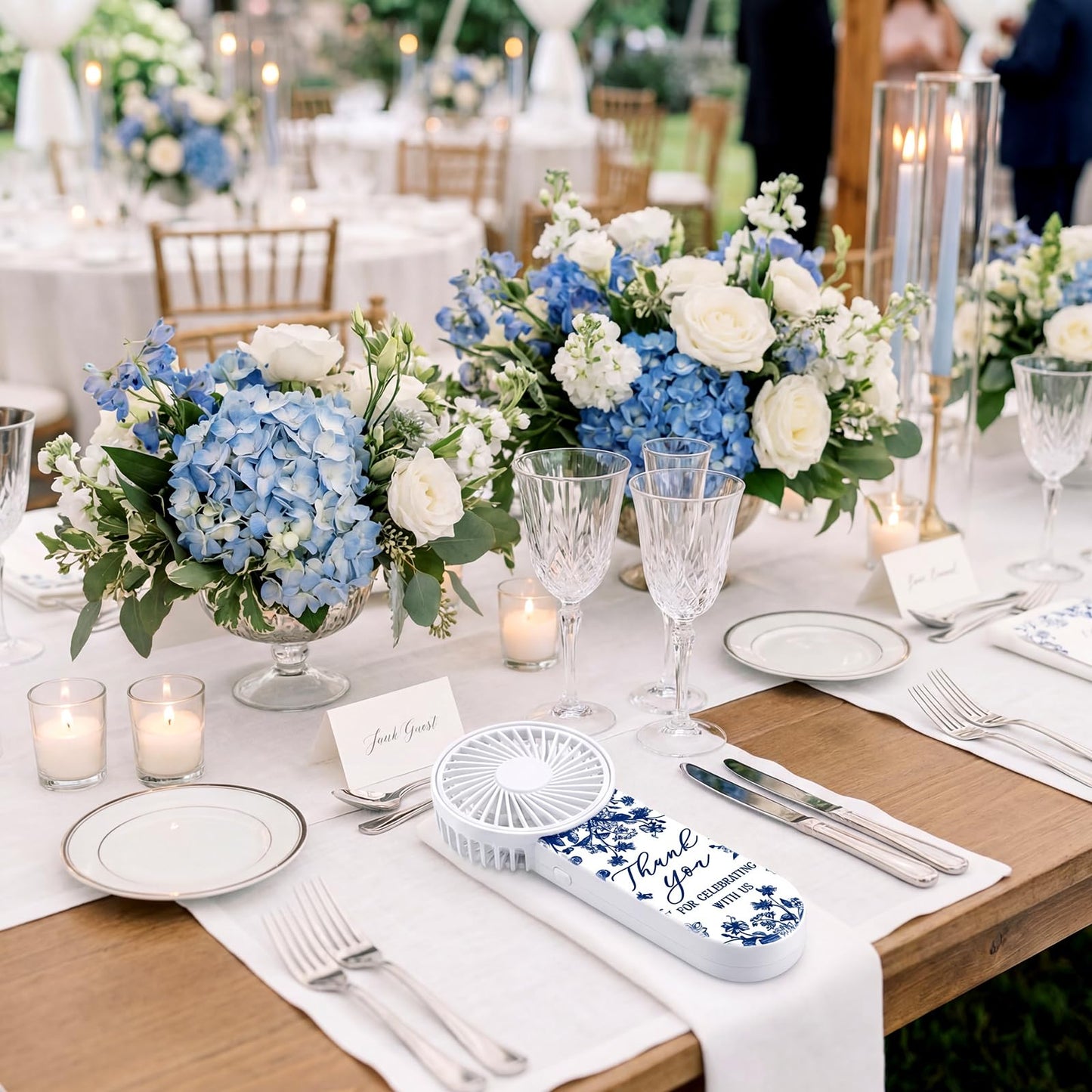 Tujoe 100 Pcs Wedding Handheld Fans for Guests Mini Personal Portable Fans Bulk Thank You for Celebrating with Us Fan for Wedding Bridal Shower Party Favors Summer Travel (Blue and White Porcelain)