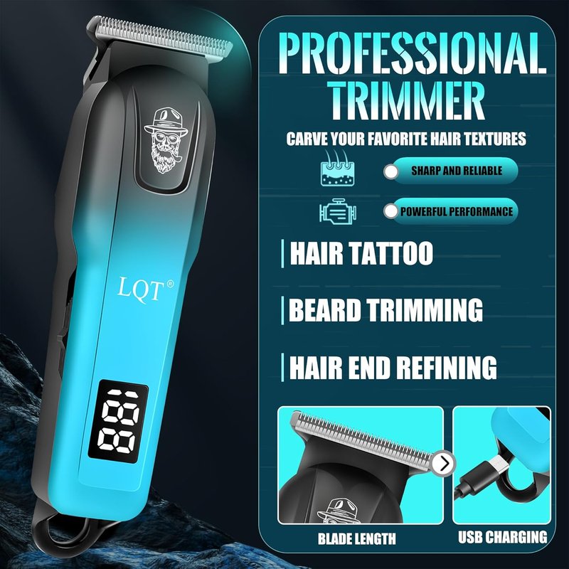 Professional Hair Clippers for Men - Cordless Barber Clippers with Precision Trimmer & Dual Foil Shaver | Gradient Blue Grooming Kit