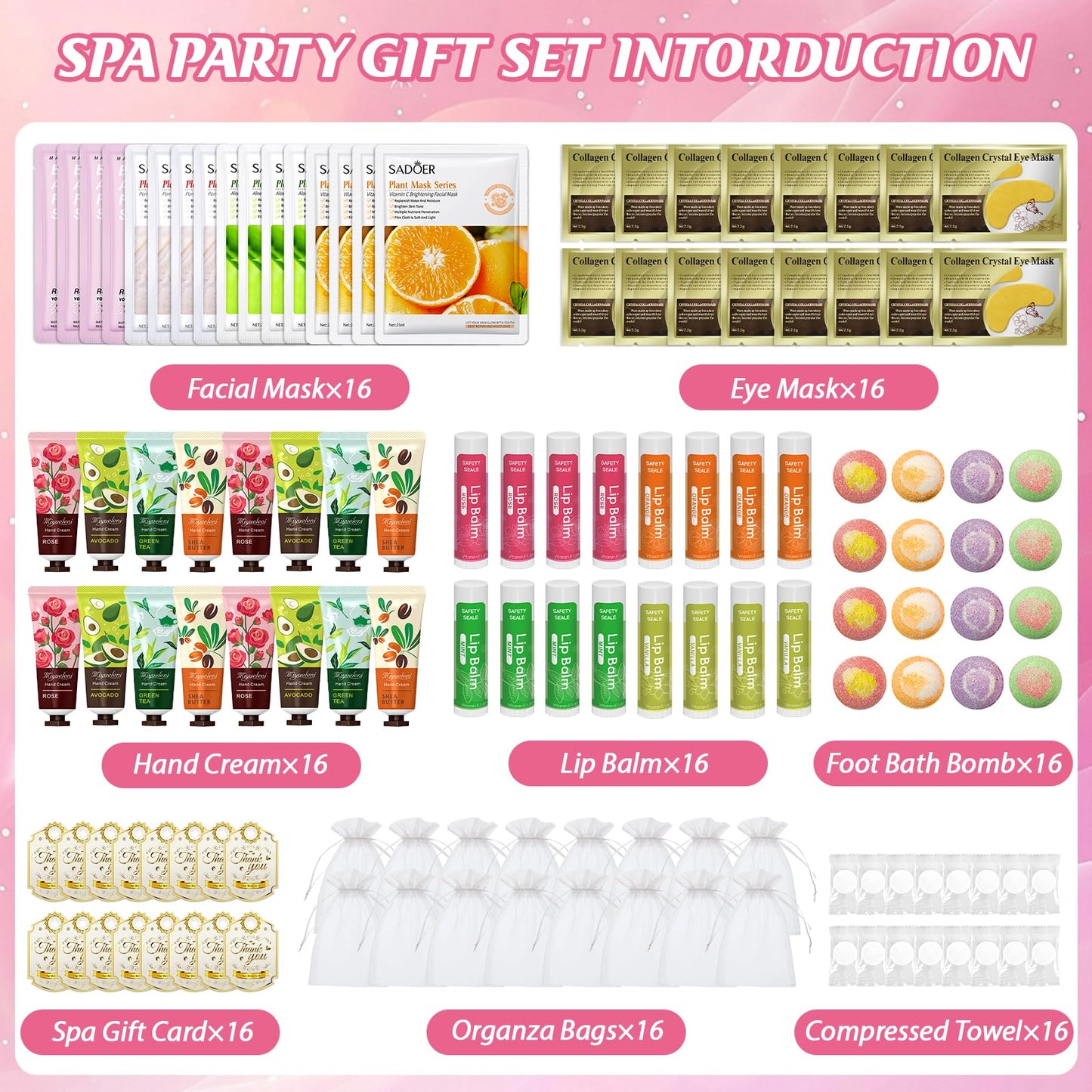 128 PCS Spa Party Supplies for Women, Spa Kit Include Lip Balm,Facial Masks, Hand Cream, Under Eye Patches, Foot Bath Bombs, Ideal for Gift Giving,Sleepover Party Supplies for Girls Valentine