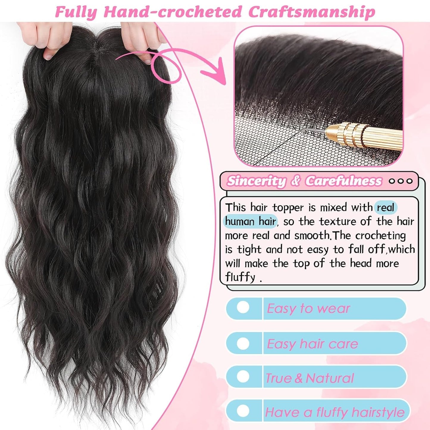 Hair Toppers for Women - 20 Inch Hand-Tied Breathable Clip-In Curly Wiglets | Dark Brown, Lightweight for Thinning Hair
