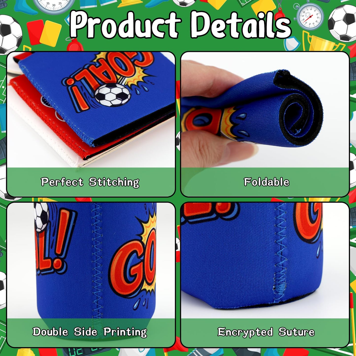Soccer Sports Can Cooler 7 Pcs Reusable Neoprene Beer Sleeve Insulator Gifts for Soccer Fans, Football Watch Parties & Sports Events