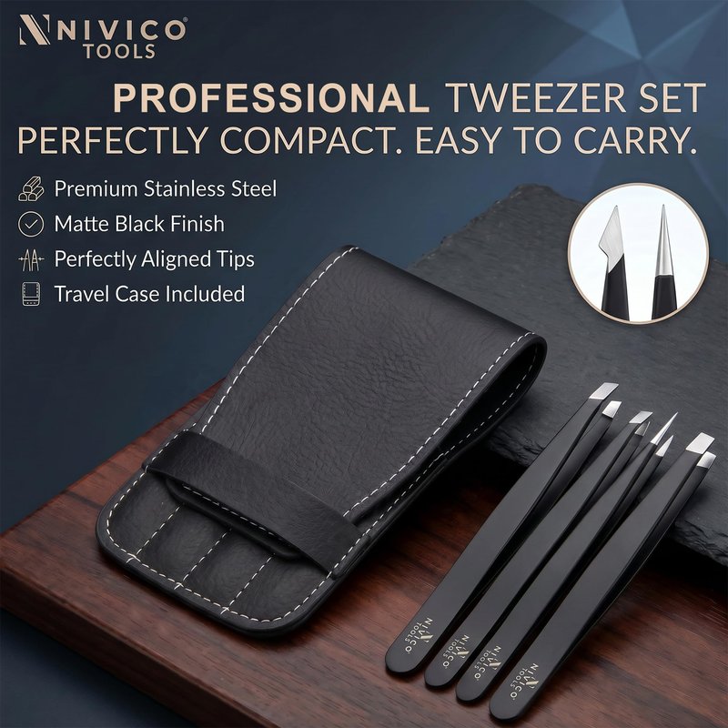 Nivico Tools Premium Eyebrow Tweezers Set – Professional Surgical-Grade Stainless Steel Precision Plucking Kit (Slant, Pointed, Flat, Angled) – Facial Hair & Splinter Removal with Leather Pouch