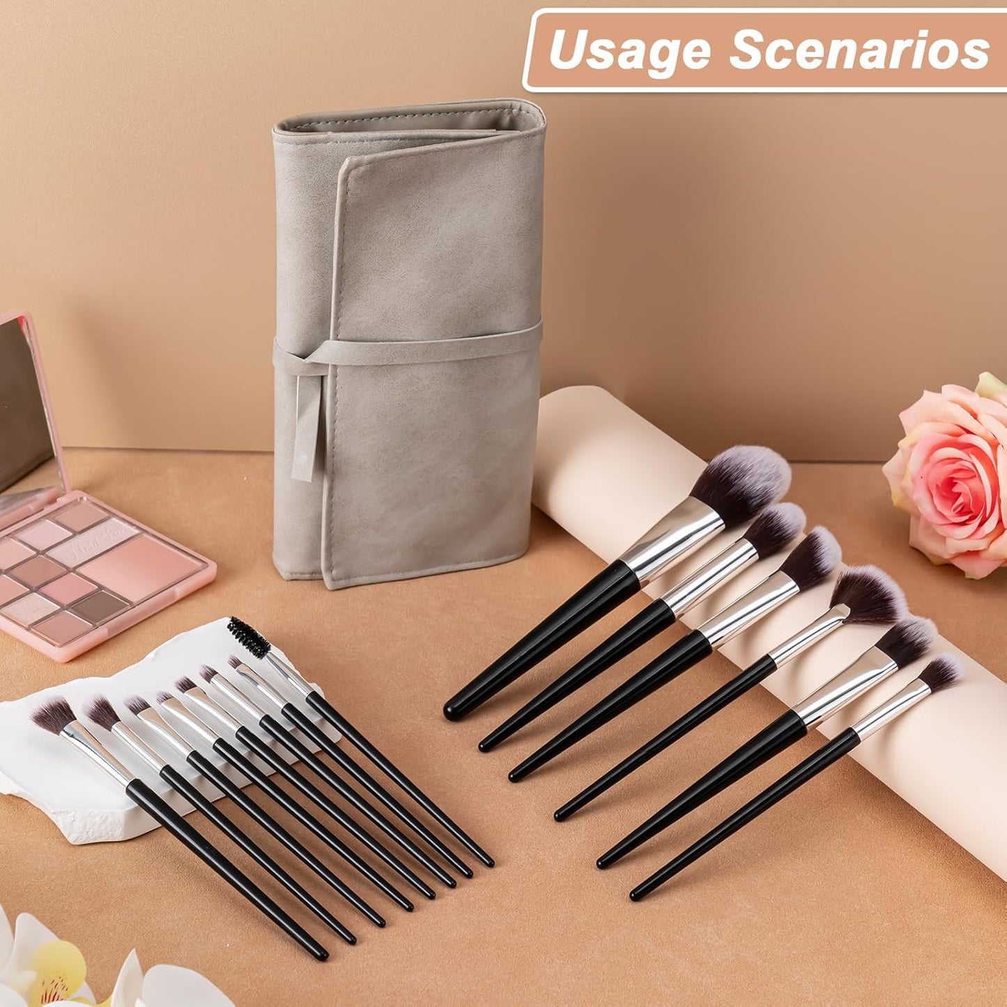 Professional Makeup Brush Set - 14 Pcs Eye & Face Brushes with PU Bag | Black