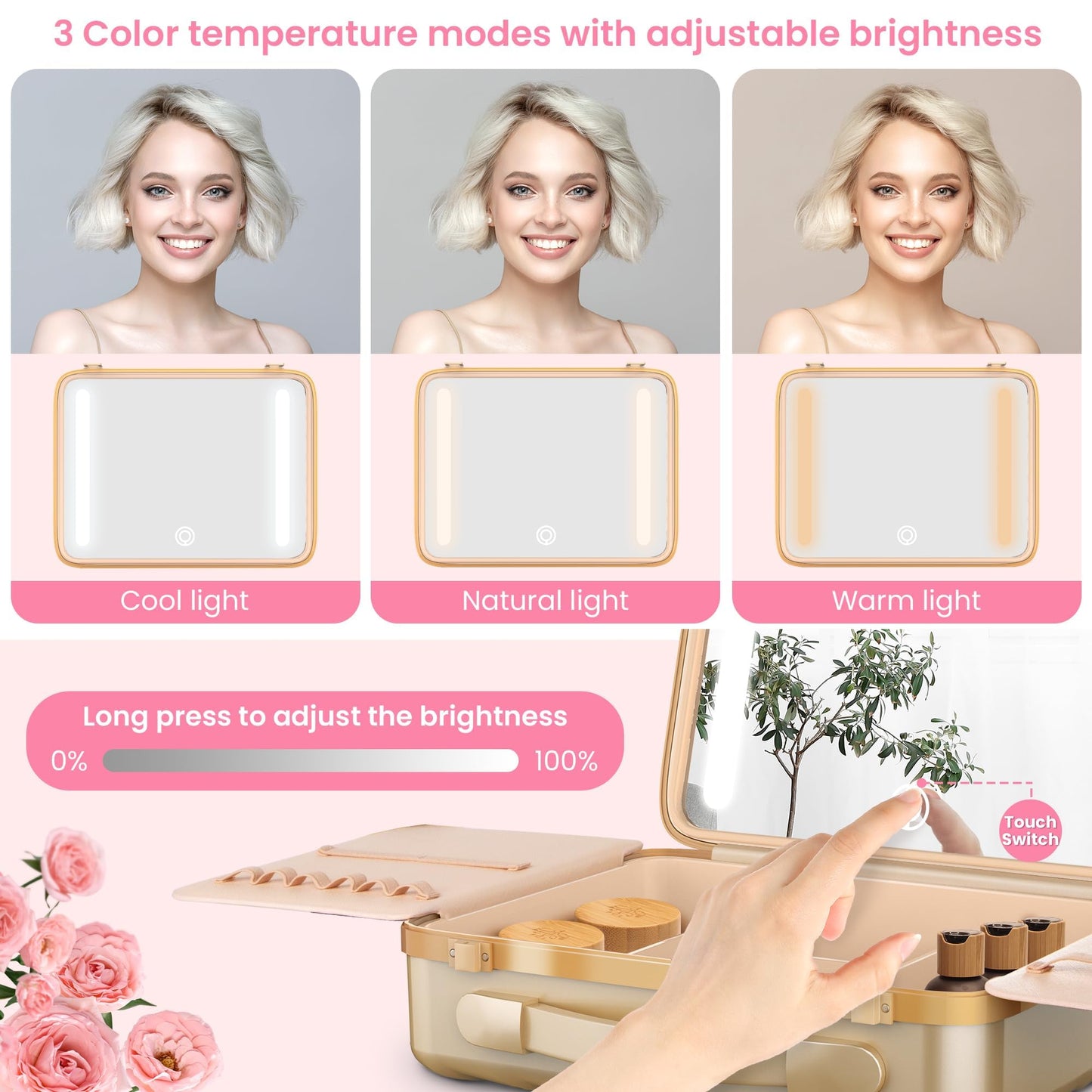 EASYINBEAUTY Makeup Travel Case with LED Lighted Mirror, Golden