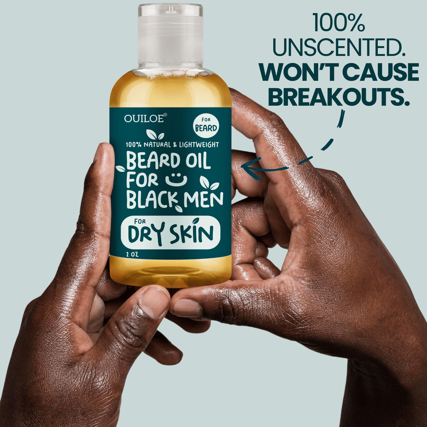 Ouiloe Beard Oil for Dry Skin - Non Comedogenic Beard Oil for Black Men - Safe for Acne Prone, Sensitive Skin - Unscented, Fragrance Free, Lightweight, Non Greasy, Soothing and Natural, 2oz