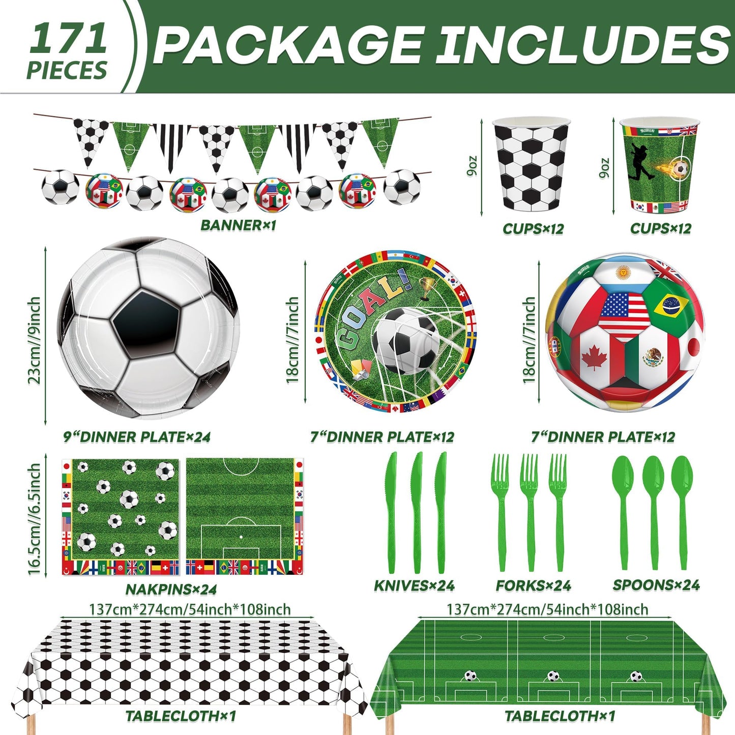 Soccer Party Supplies Decorations Kit for 24 Guests-The 23rd World Cup Design Dinnerware-Plates(9&7in) Napkins Cups Cutlery 2 Tablecloths & Soccer Pennant Flags Banner for Party, World Cup, Birthday