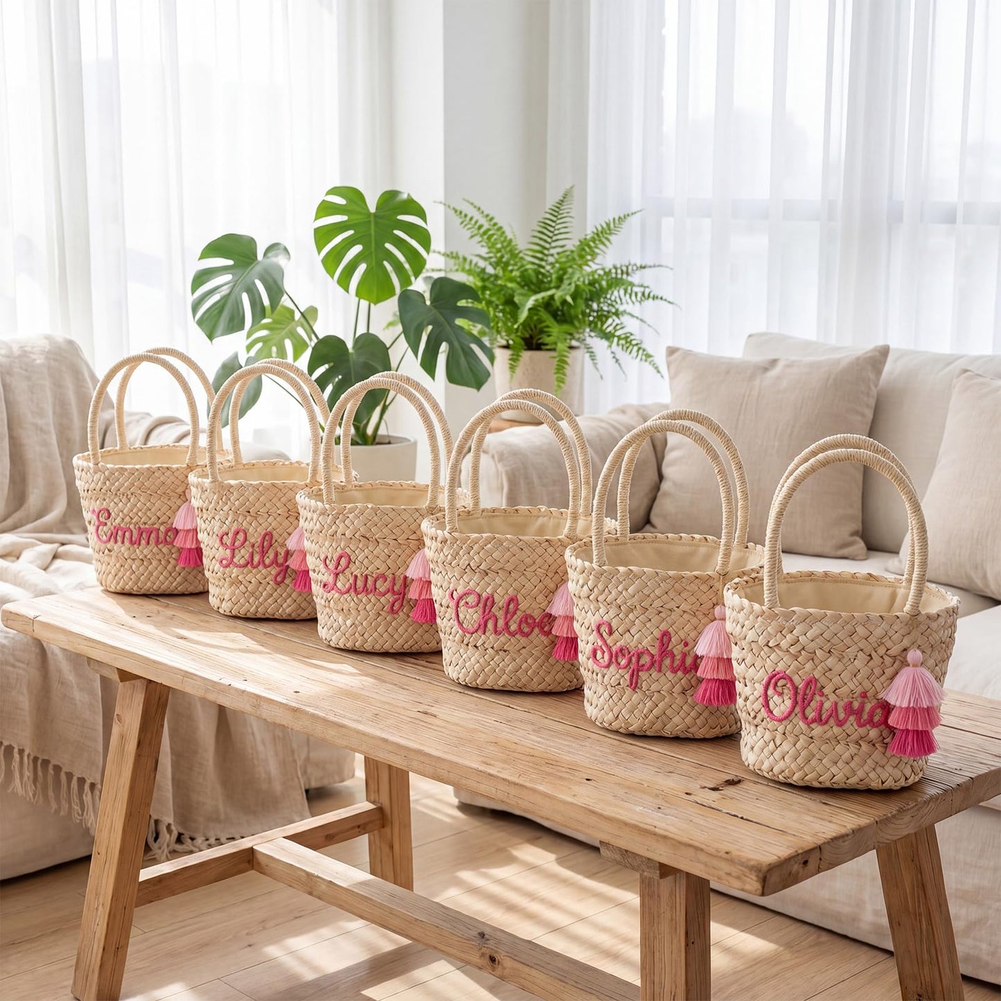 Abbylike 6 Pcs Mini Straw Tote Bags with Tassel Keychains, Woven Beach Handbags with Lining DIY Handmade Gift Bags for Bachelorette Party, Bridal Shower, Beach, Picnic & Girls Trip