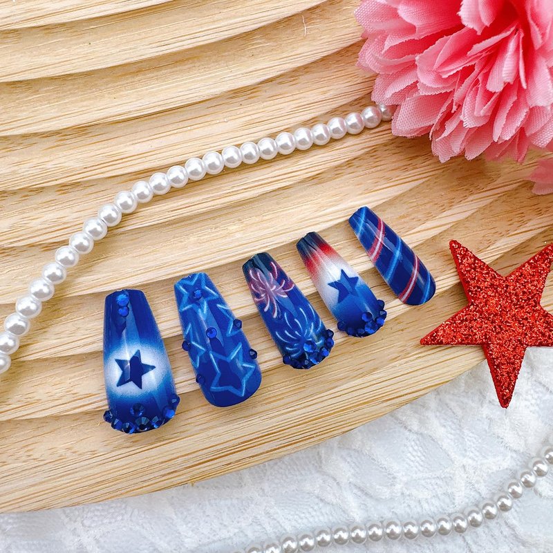 24Pcs 4th of July Press-On Nails - Medium Square Acrylic Nails with Blue Rhinestones & Patriotic Star Designs | Independence Day Full Cover