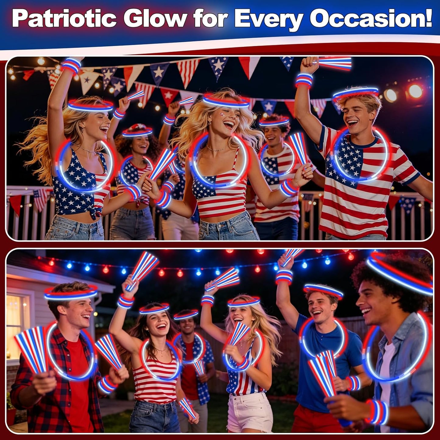 Red White Blue Glow Sticks - 100 PCS Bulk with Connectors | Fourth of July Light-Up Necklaces & Bracelets for Kids & Adults
