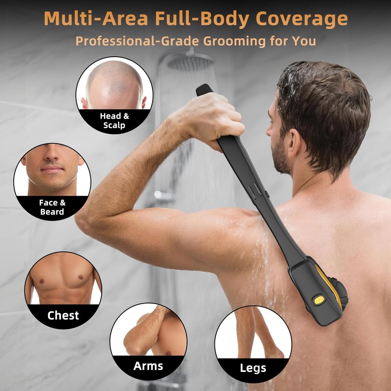 Electric Back Shaver for Men - Long Foldable Handle Back Razor with 6D No-Scratch Shaving - Self-Service Waterproof Grooming Kit for Body, Beard &Head Hair Removal, Gifts for Him (Matte Black)