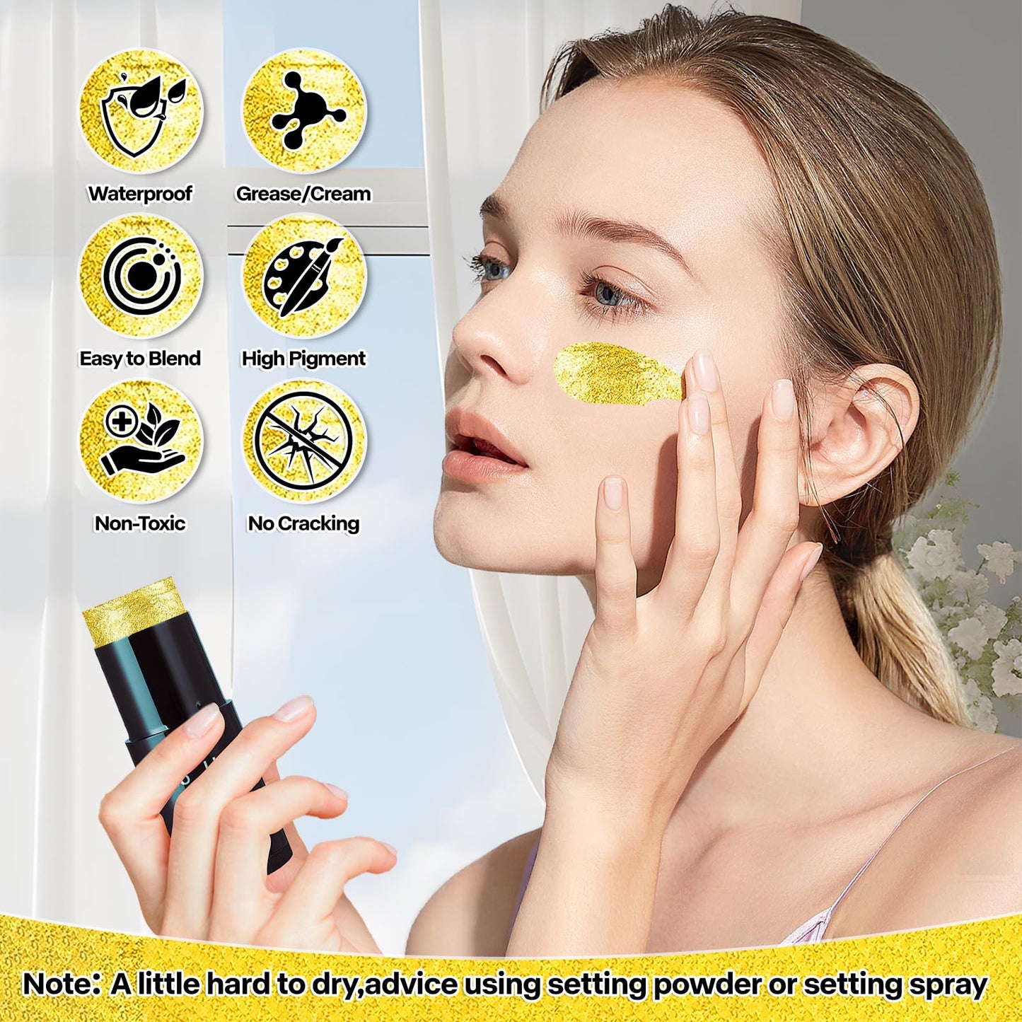 Go Ho Cream-Blendable Gold Face Paint (1.06 oz),Waterproof Gold Face Paint Stick for Halloween Cosplay Zombie Vampire Skeleton Clown SFX Makeup,Gold Eye Black Stick
