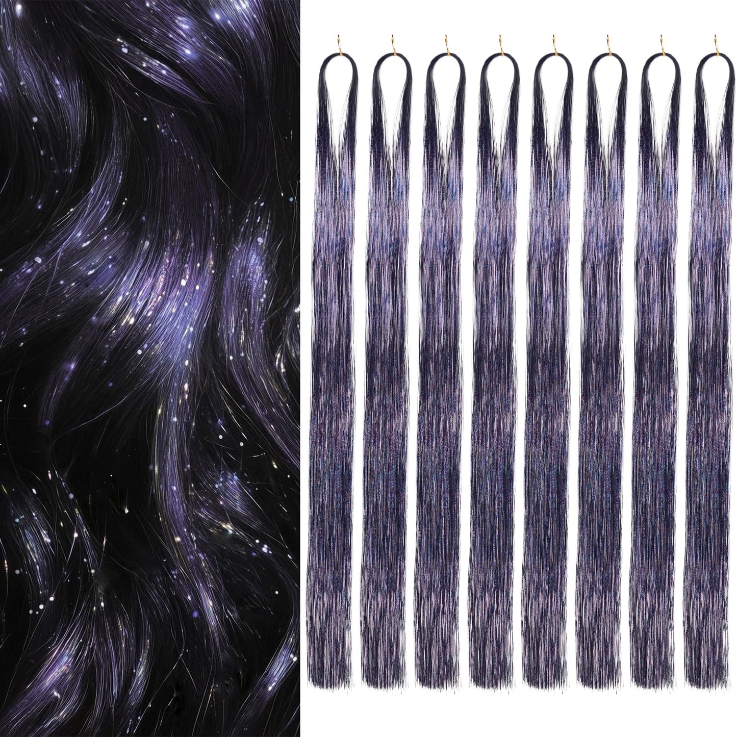 Hair Tinsel 8 Packs 1600 Strands 50 Inch Tinsel Hair Extensions Egg Pink Heat Resistant Glitter Sparkling Shinny Fairy Hair Accessories for Women(Dark gray, 50Inch)